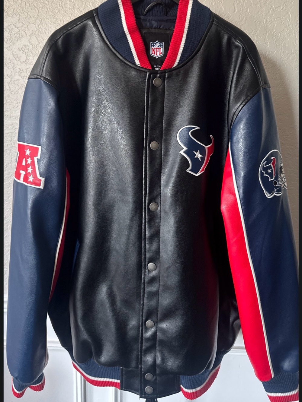 NFL Houston Texans Black Leather Varsity Jacket with Navy & Red Accents